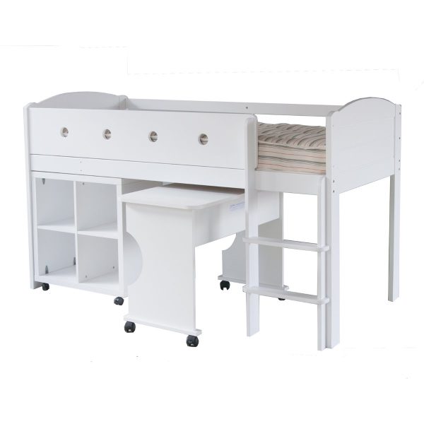 white Cubix mid sleeper cabin storage bed, with movable storage and desk on castors.