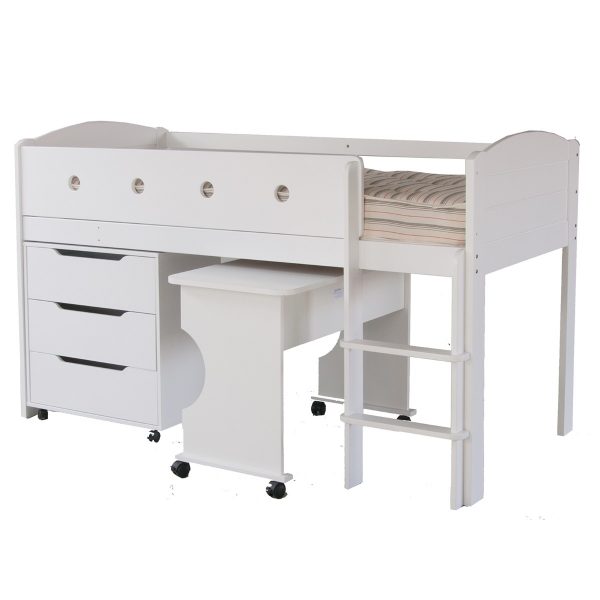 Cut out photo of white mid sleeper cabin bed with a desk and chest of drawers