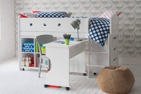 mid sleeper raised bed with a roll out desk, chest of drawers and open bookcase cupboard
