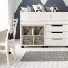 mid sleeper storage bed including open storage bookcase, chest of drawers and a roll out desk