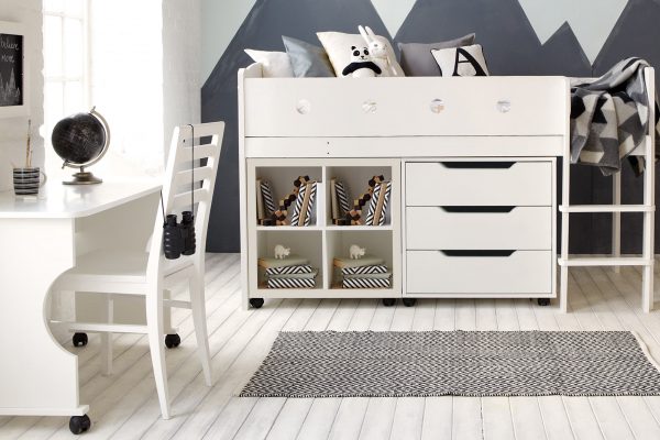 mid sleeper storage bed including open storage bookcase, chest of drawers and a roll out desk