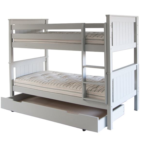 classic beech bunk bed in dove grey with ladder on right, and trundle bed open