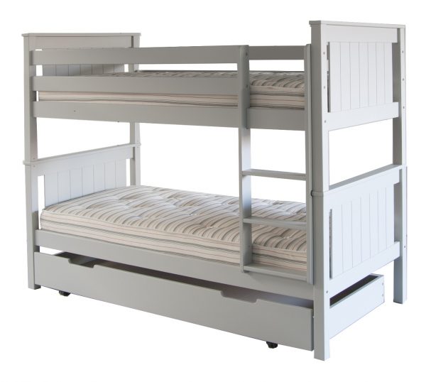 Cut out of classic beech bunk bed in dove grey with a trundle closed