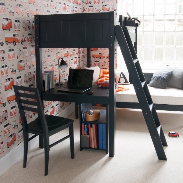 Fargo high sleeper loft bed with a desk facing out and sofa bed underneath