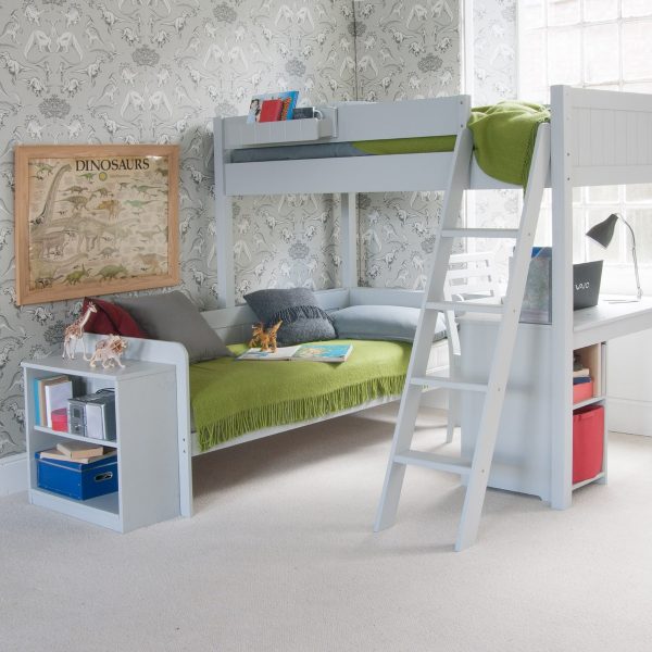 Grey loft bed with desk, daybed and bookcase included