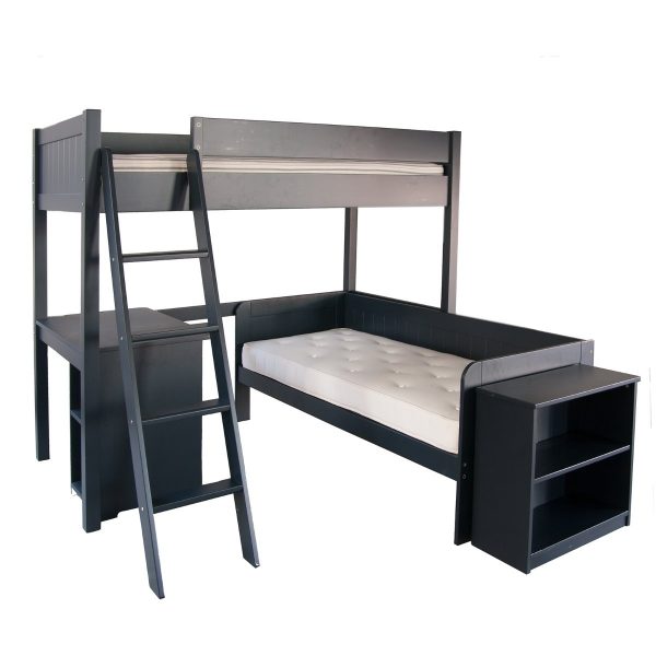 Fargo bunk bed with a sofa bed, desk and bookcase underneath, in Painswick Blue