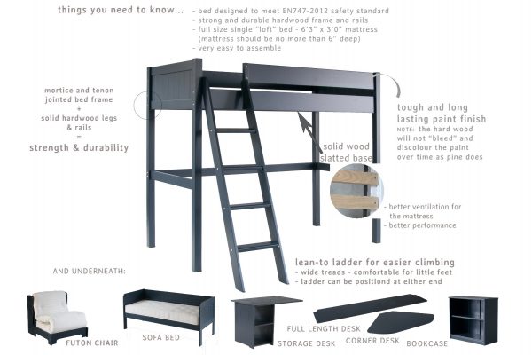 Specification for a Fargo high sleeper loft bed, from little Folks Furniture with solid hardwood bed frame and mortice and tenon joints