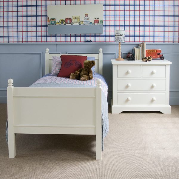 Fargo single bed in ivory white with chest of drawers and vintage car themed room
