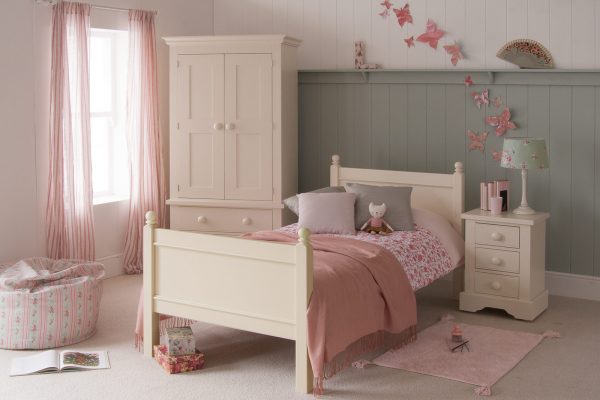 Cream single bed for girls, wardrobe, bedside with panelled classic wall
