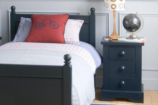 Fargo Painswick Blue single bed with a bedside drawers next to it