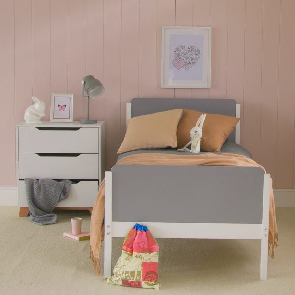 Grey and white Edit bed with Edit chest of drawers, modern curved edging, retro style