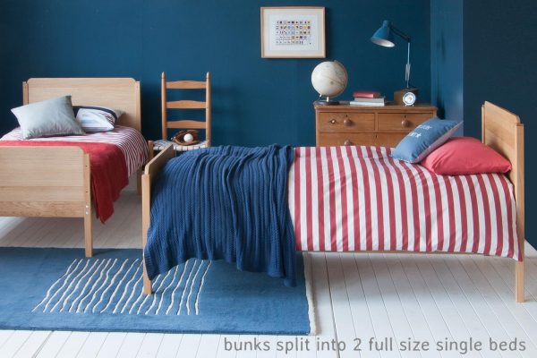 Twin beds: EDIT bunk bed divided into two full size adult single beds, solid hardwood frames.