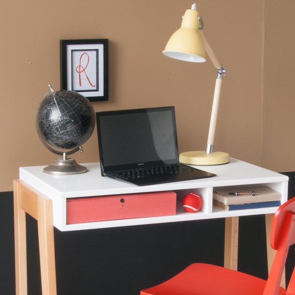 Retro styled Edit desk, large work top, storage cubby holes and solid beech legs for strength