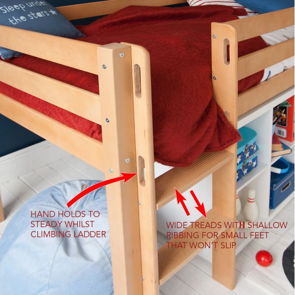 Close up of fixed solid beech ladder, with hand holds and wide treads for easy climbing.