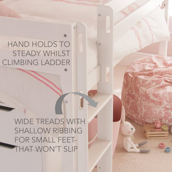 white mid sleeper bed close up with ladder with cut out hand holds, wide ladder treads.