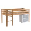Solid natural beech mid sleeper bed with a white storage unit underneath on castors