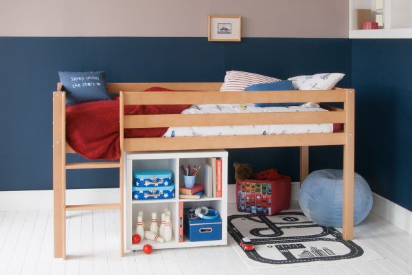 Classic Beech Mid Sleeper Bed with Storage Bookcase-0