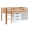Solid natural beech mid sleeper bed with white storage furniture underneath