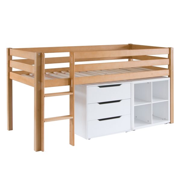 Solid natural beech mid sleeper bed with white storage furniture underneath