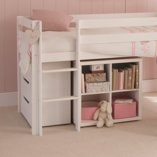 mid sleeper storage bed with chest of drawers and storage bookcase, in pure white.