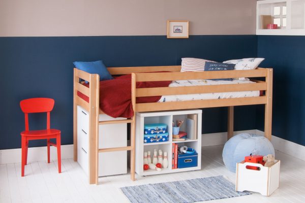 Natural solid beech Classic mid sleeper bed, with storage furniture below