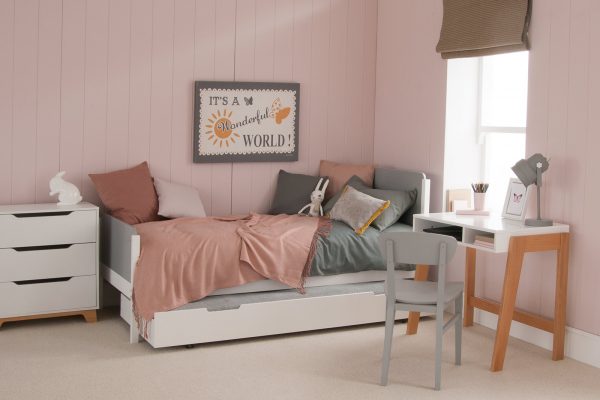 Grey and white Edit single bed for kids with pull out sleepover trundle, desk, chest of drawers
