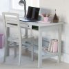 Girls grey study desk + chair, solid hardwood, set up for homework.