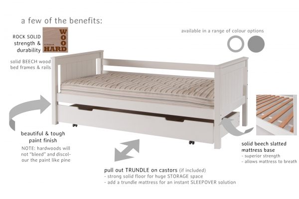 Features & benefits of the Classic Beech daybed for kids; solid hardwood frame, pull out storage & sleepover trundle