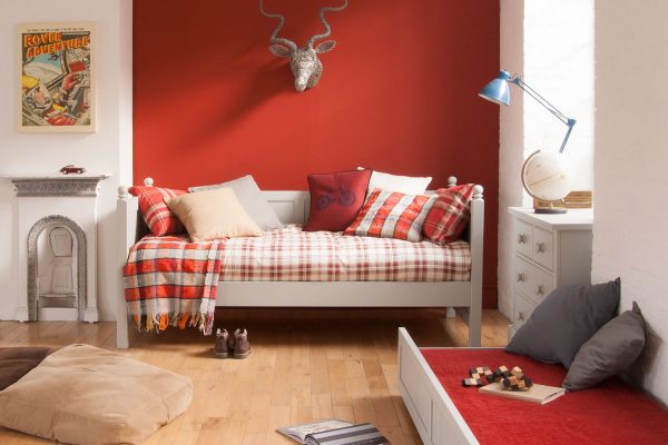 Luxury day bed for kids with separate sleepover & storage trundle, fireplace, oak floor, traditional
