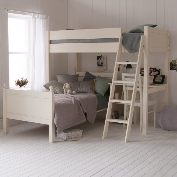 Pretty girls bedroom with white solid and sturdy high sleeper bed, single bed and desk underneath, flower themed room
