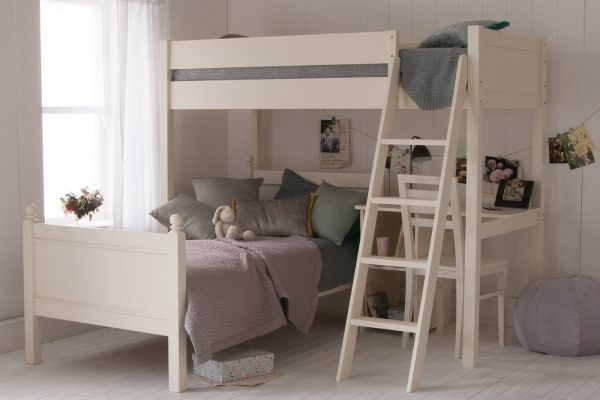 Farleigh grey Fargo high sleeper loft bed, with a sofa bed and storage desk, in a boy's room.