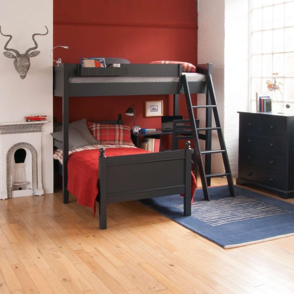 Farleigh grey Fargo high sleeper loft bed, with a sofa bed and storage desk, in a boy's room.