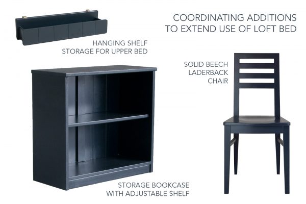 Fargo bedroom furniture, navy blue; beech chair, hook on shelf, bookcase