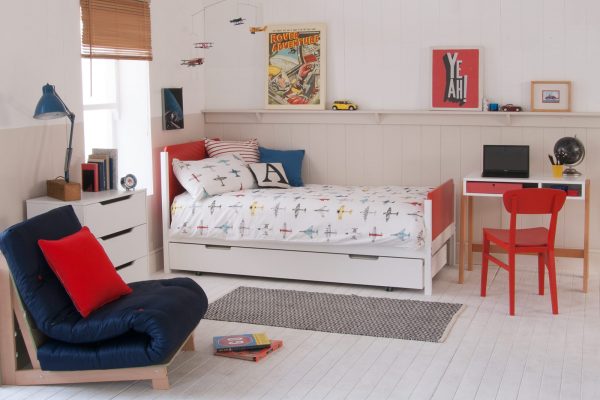 Red and white Mid century modern style kids' bed and desk, with a retro look