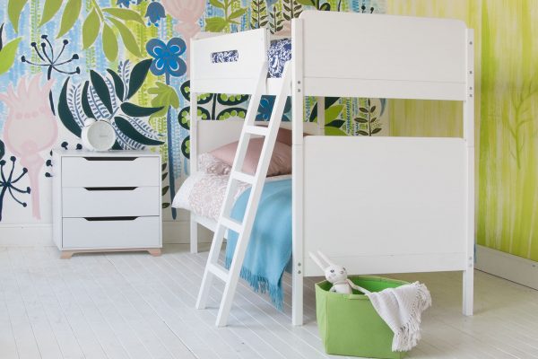 Plain white kids bunk bed with modern rounded edges, lean to ladder, and large scale tropical wall mural