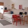 Red Retro chair + Edit desk, alongside red + white kids bed with trundle, in retro styled bedroom