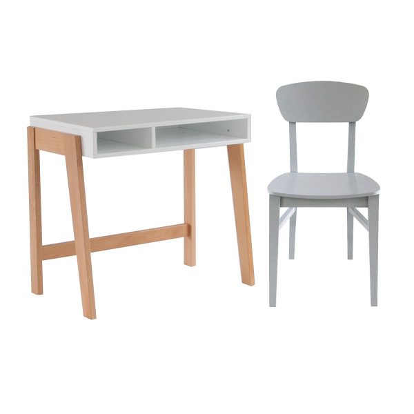 white Edit desk + solid beech legs + grey Retro chair