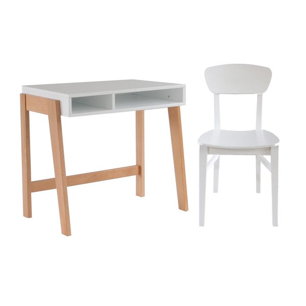White + solid beech desk + white retro chair, modern kids study bundle