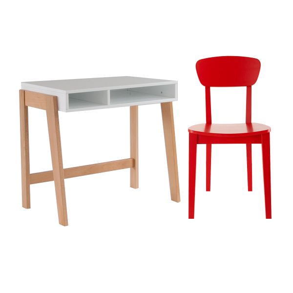 Modern desk + chair set for kids, red chair + white and beech desk
