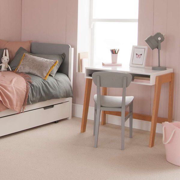 Scandi style desk + chair for kids, solid beech with pink bedroom walls