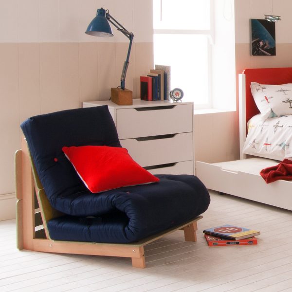 navy futon with red buttons, red cushion and beech frame