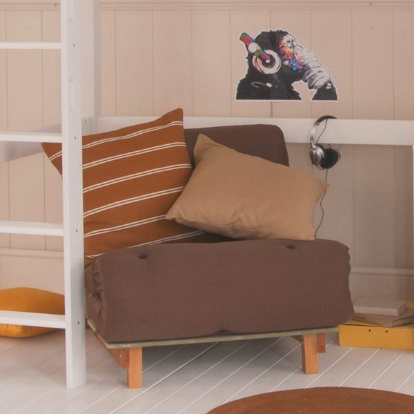 kids brown fold out futon with beech legs and cushions on top