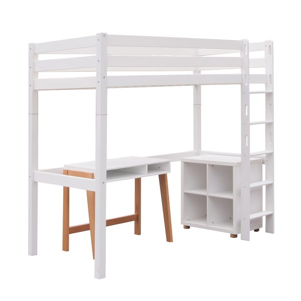 white high sleeper loft bed, scandinavian style with desk and storage underneath
