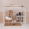 white bunk bed with desk and storage underneath in compact child's bedroom