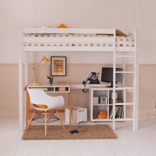 white bunk bed with desk and storage underneath in compact child's bedroom