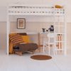 white loft bed with brown futon and scandi desk underneath