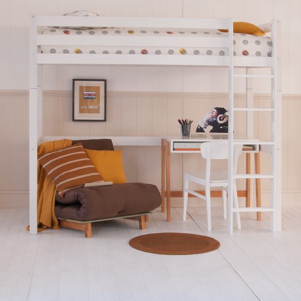 white loft bed with brown futon and scandi desk underneath