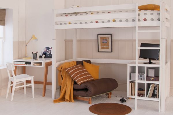 High sleeper loft bed in Ivory White with full length desk underneath, in a Scandi bedroom