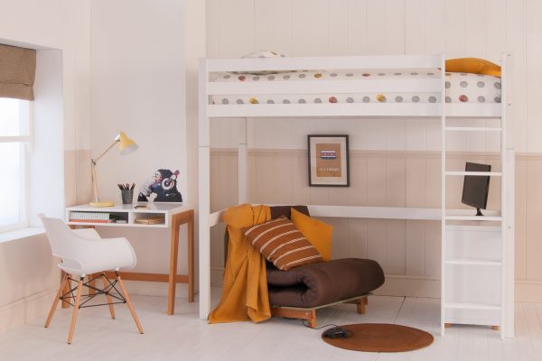 White sturdy high sleeper loft bed + brown futon + desk + chair in neutral child's bedroom