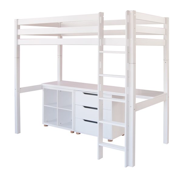 White beech high sleeper loft bed with large desk, storage unit and chest of drawers underneath